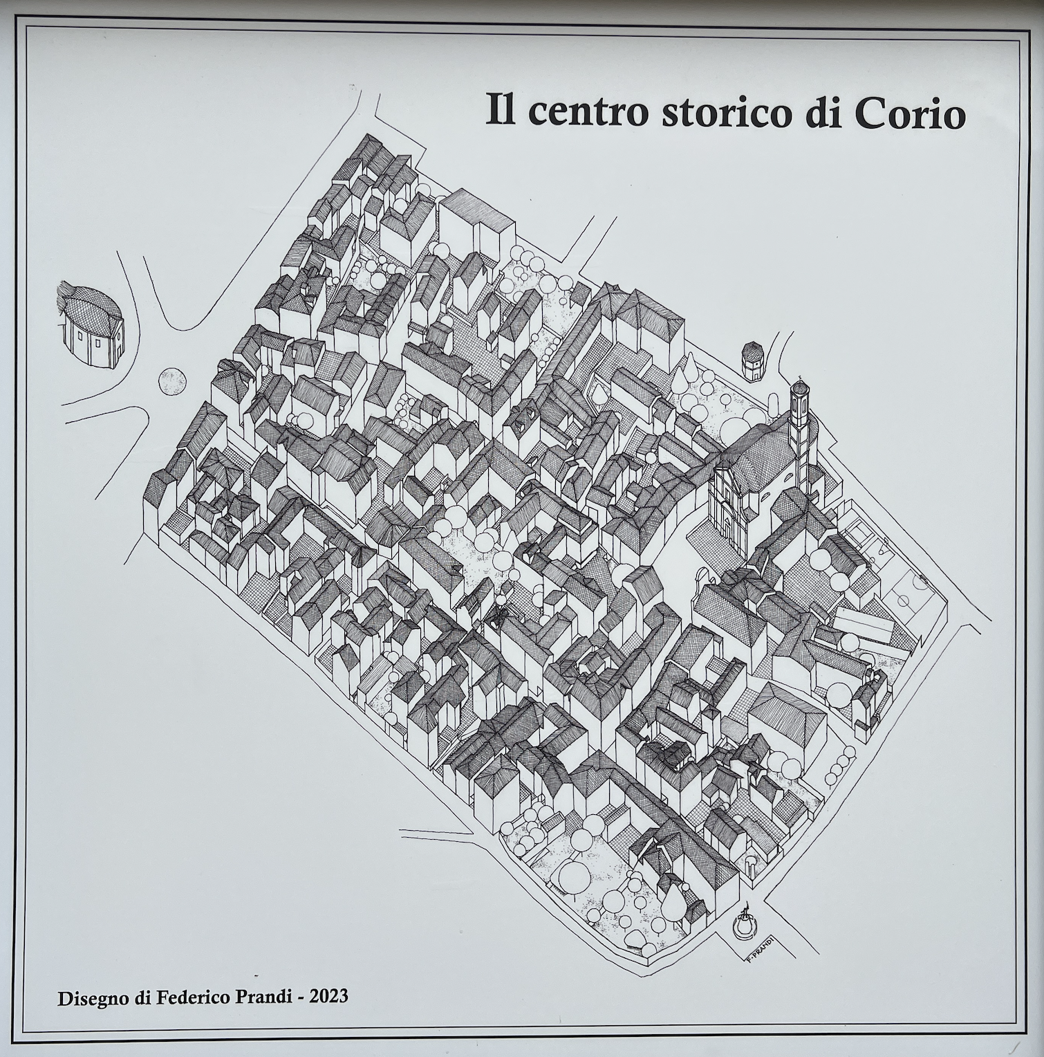 Centro storico di Corio, disegno di Federico Prandi